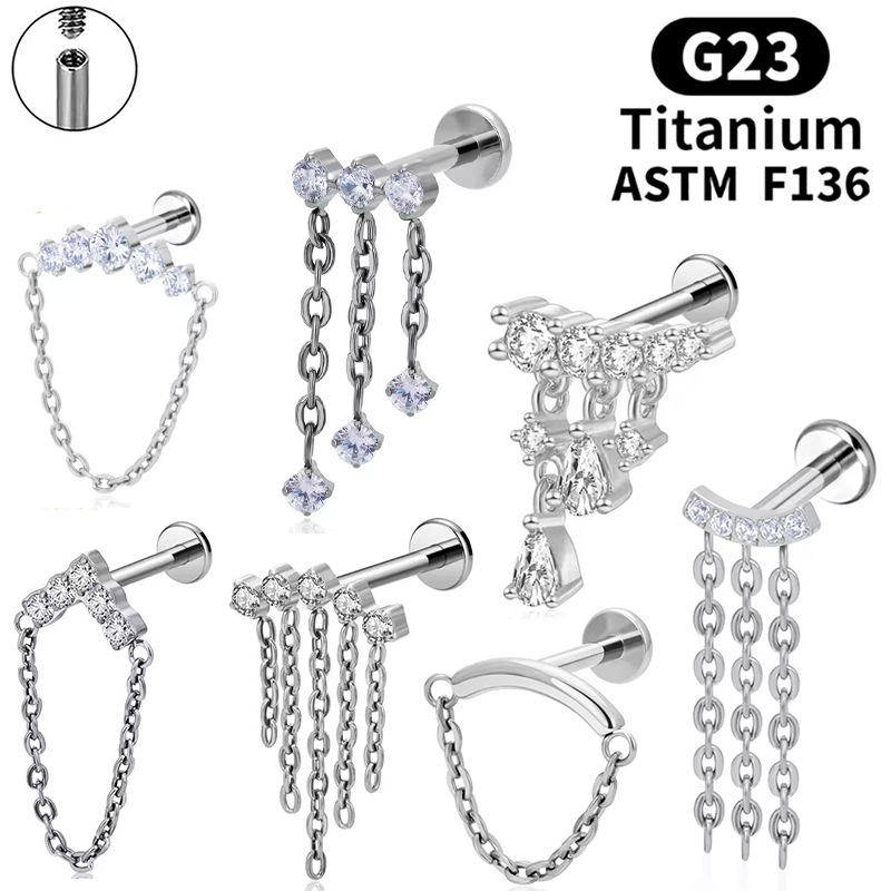 Astm F136 Titanium Piercing Ear Stud 嘻哈 链条 Helix Cartilage Stud F136 Titanium Alloy Labret Stud Lip Ring