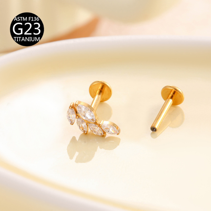厂家 G23 Titanium 穿孔 Labret Stud Ear Stud Brass Studded Cubic Zirconia 链条叶子F136 Titanium Alloy Ear Stud