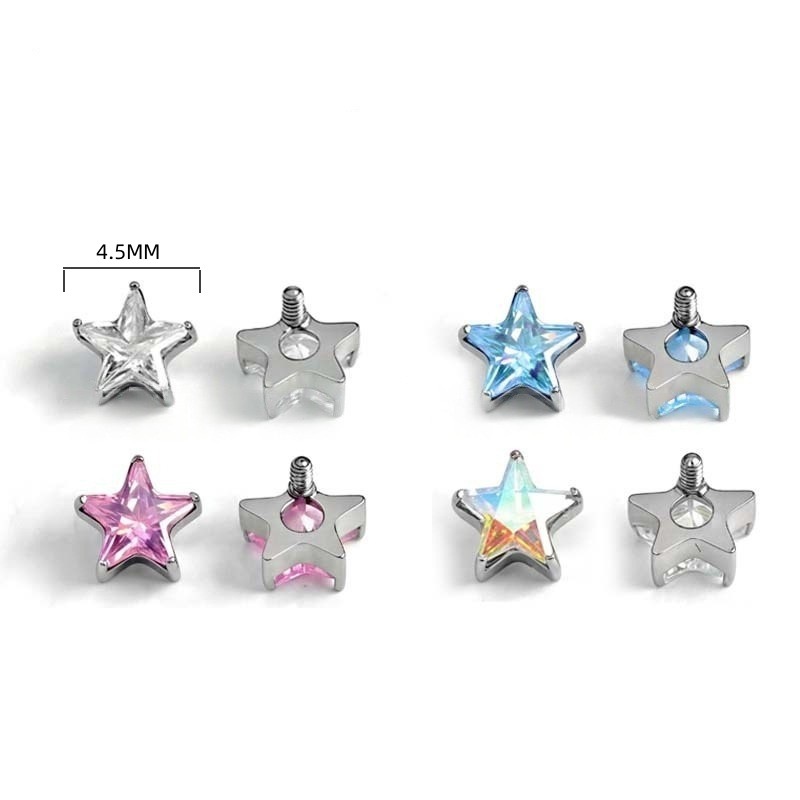 Titanium Alloy 五角 Star 超闪 Cubic Zirconia Labret Stud Internal Thread Ear Stud Helix Cartilage Stud 人体 Piercing Jewelry 头