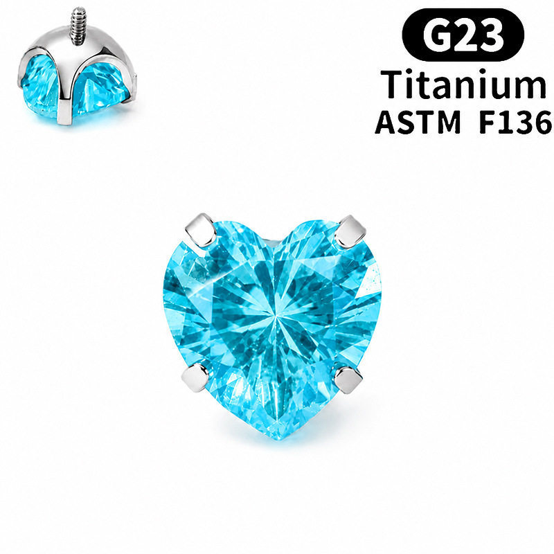F136 Implant Grade Titanium Alloy 养 Ear 洞 Ear Stud Helix Cartilage Stud Ear 蜗钉超闪 Heart Cubic Zirconia Internal Thread Jewelry 头