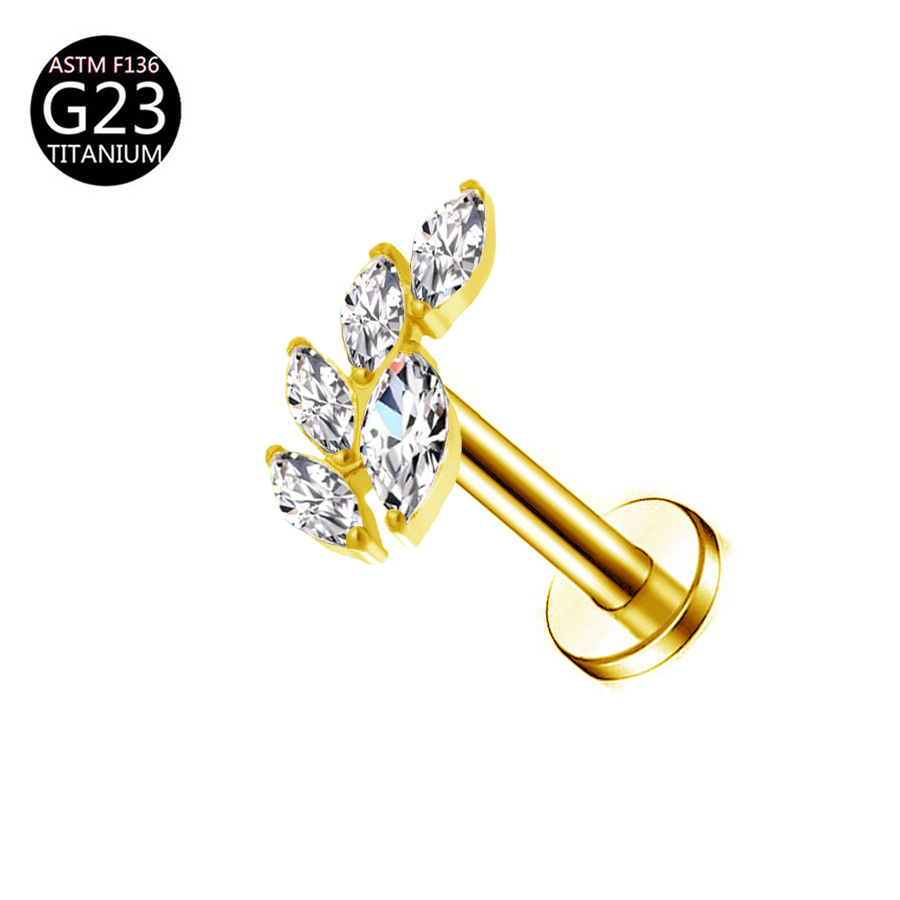 厂家 G23 Titanium 穿孔 Labret Stud Ear Stud Brass Studded Cubic Zirconia 链条叶子F136 Titanium Alloy Ear Stud