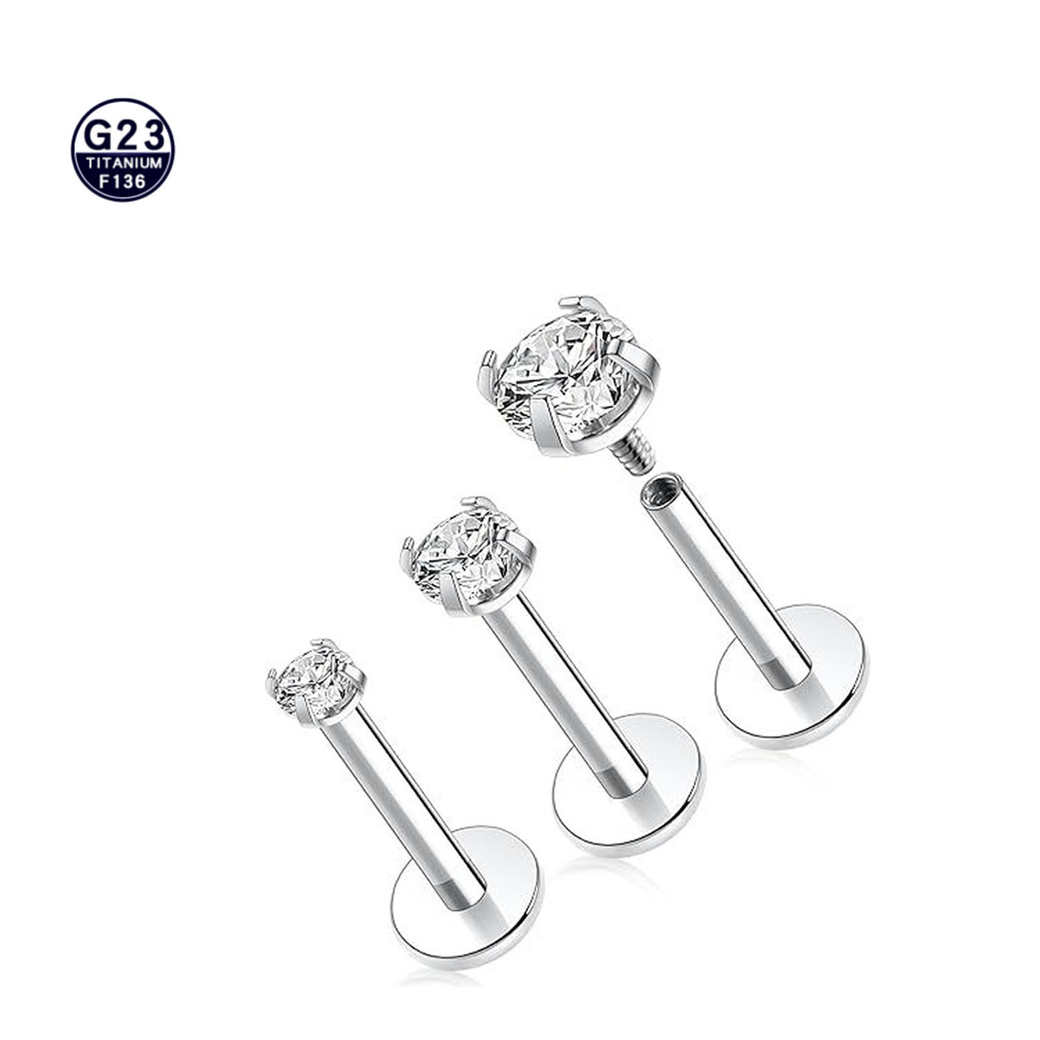 G23 Titanium Four Prong Studded Cubic Zirconia 内牙 Labret Stud F136 Titanium Alloy Ear Stud Helix Cartilage Stud Piercing Jewelry Studded Diamond