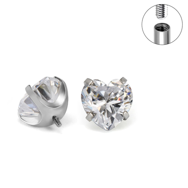 F136 Implant Grade Titanium Alloy 养 Ear 洞 Ear Stud Helix Cartilage Stud Ear 蜗钉超闪 Heart Cubic Zirconia Internal Thread Jewelry 头