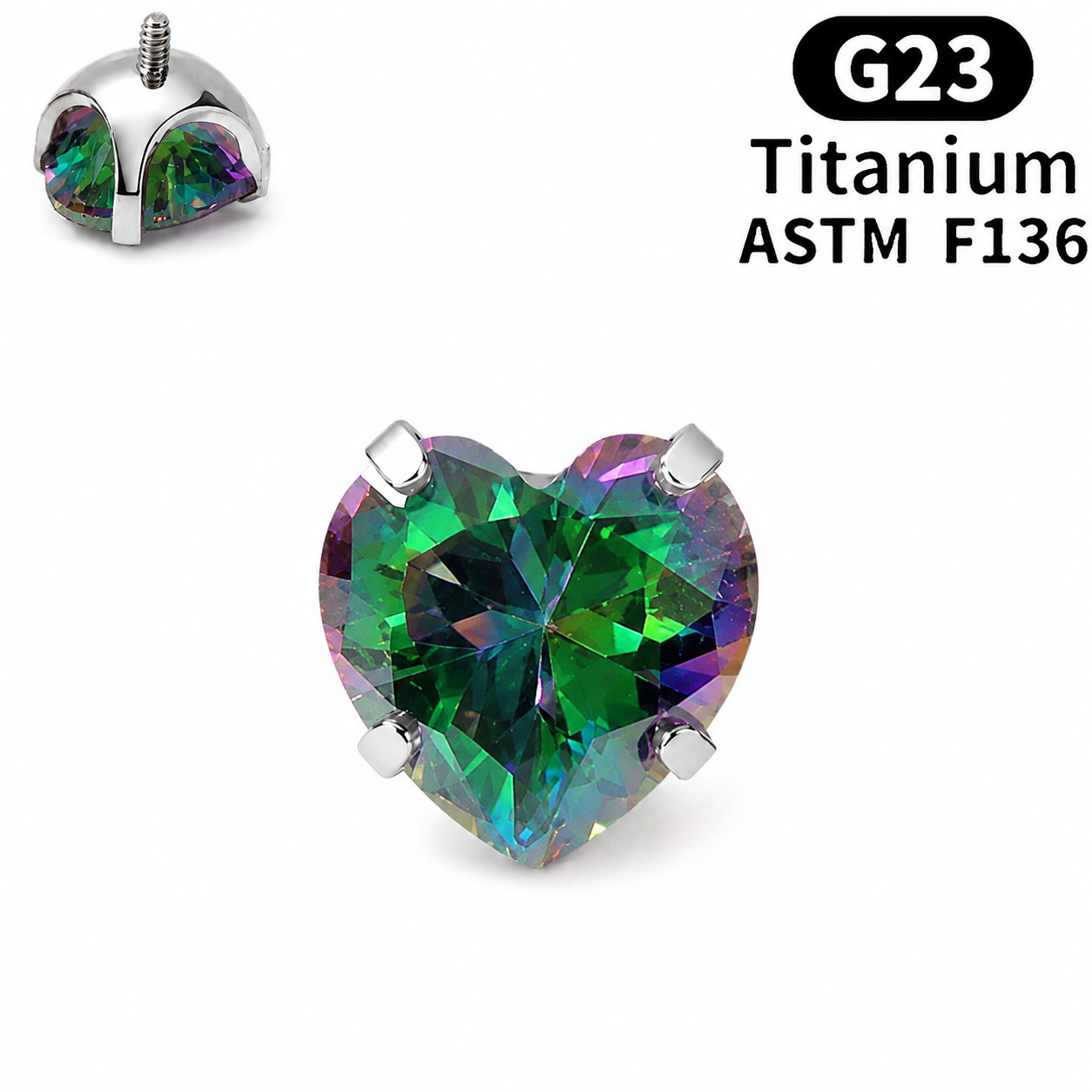 F136 Implant Grade Titanium Alloy 养 Ear 洞 Ear Stud Helix Cartilage Stud Ear 蜗钉超闪 Heart Cubic Zirconia Internal Thread Jewelry 头