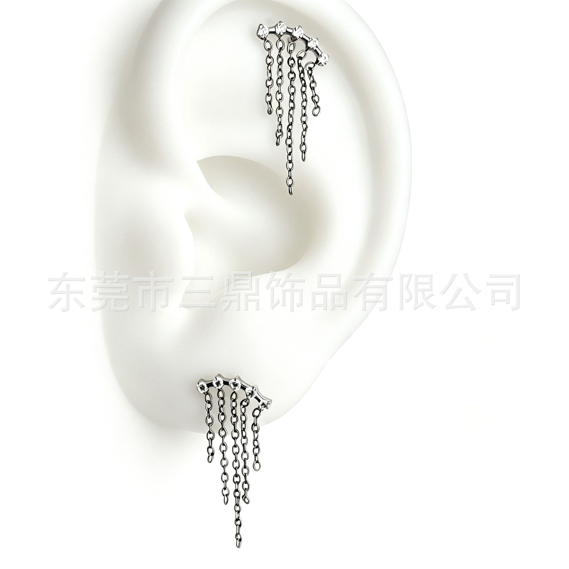 F136 Titanium 链条 Pendant 五连 Cubic Zirconia Ear Stud G23 Implant Grade Titanium Piercing Jewelry Helix Cartilage Stud Ear 蜗钉