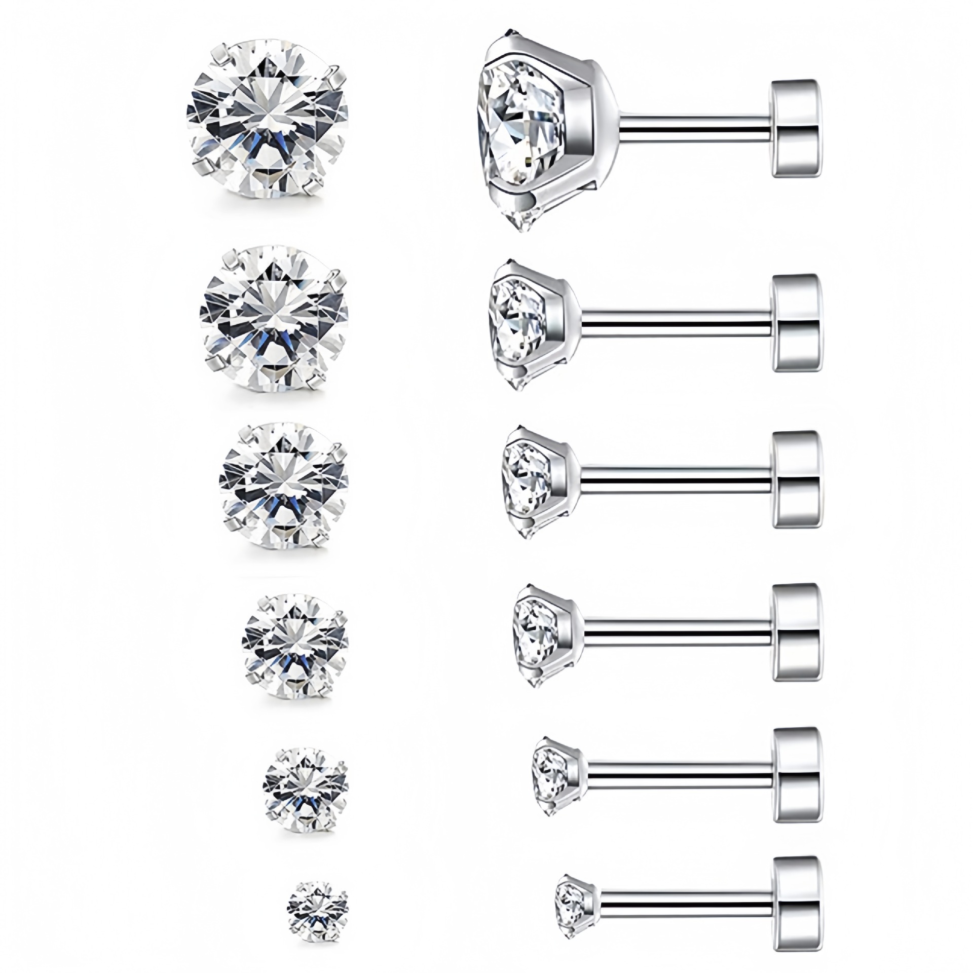 316L Surgical Steel Flat Back Cubic Zirconia Ear Stud 圆饼 Helix Cartilage Stud Ear 蜗钉 Set External Thread