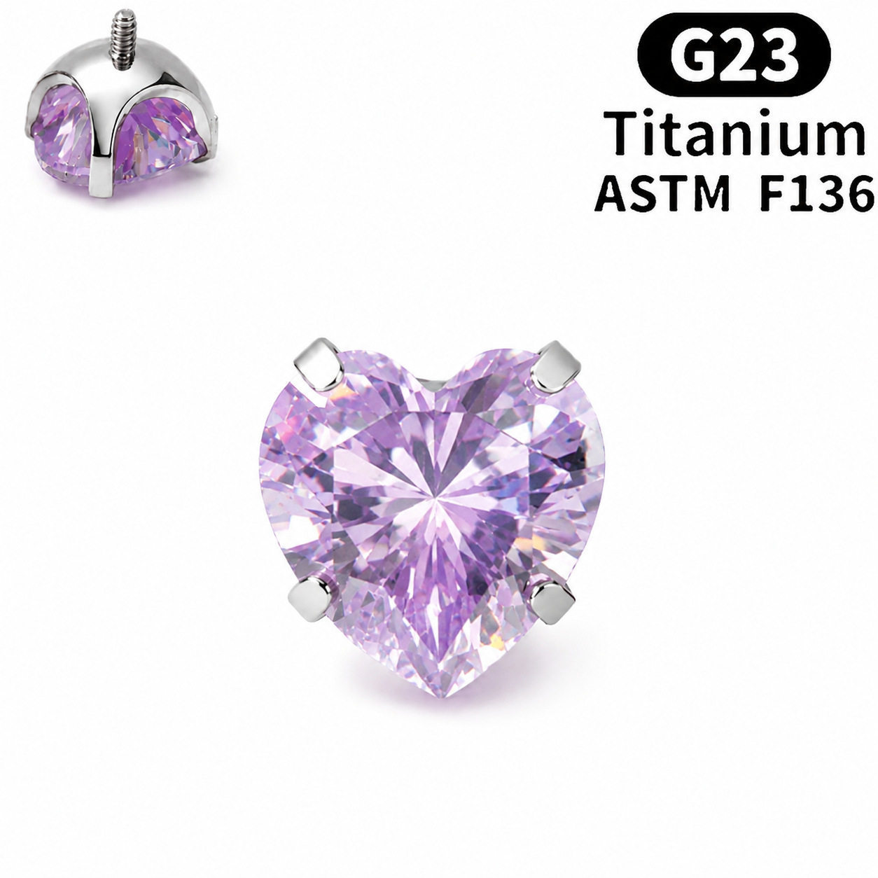 F136 Implant Grade Titanium Alloy 养 Ear 洞 Ear Stud Helix Cartilage Stud Ear 蜗钉超闪 Heart Cubic Zirconia Internal Thread Jewelry 头
