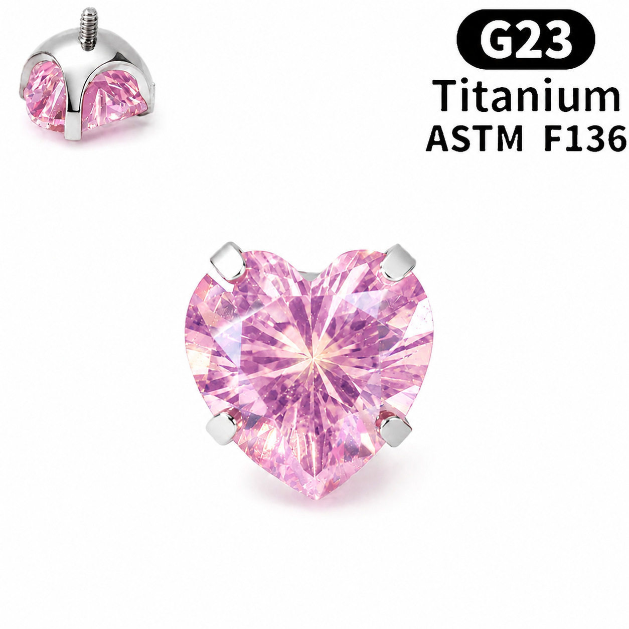 F136 Implant Grade Titanium Alloy 养 Ear 洞 Ear Stud Helix Cartilage Stud Ear 蜗钉超闪 Heart Cubic Zirconia Internal Thread Jewelry 头