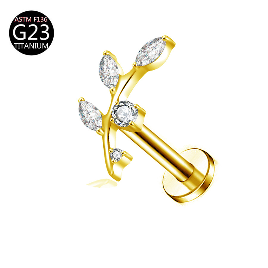 厂家 G23 Titanium 穿孔 Labret Stud Ear Stud Brass Studded Cubic Zirconia 链条叶子F136 Titanium Alloy Ear Stud
