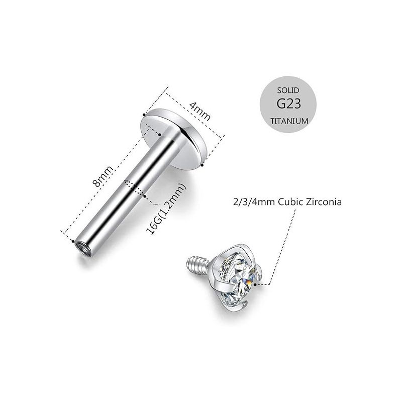 G23 Titanium Four Prong Studded Cubic Zirconia 内牙 Labret Stud F136 Titanium Alloy Ear Stud Helix Cartilage Stud Piercing Jewelry Studded Diamond
