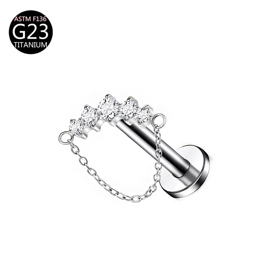 厂家 G23 Titanium 穿孔 Labret Stud Ear Stud Brass Studded Cubic Zirconia 链条叶子F136 Titanium Alloy Ear Stud