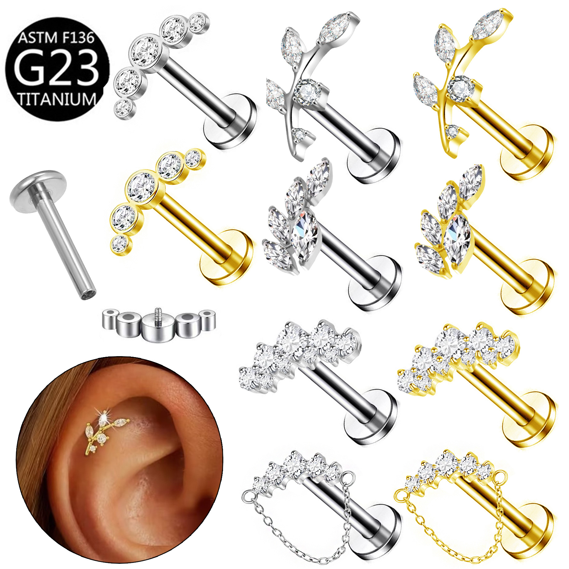 厂家 G23 Titanium 穿孔 Labret Stud Ear Stud Brass Studded Cubic Zirconia 链条叶子F136 Titanium Alloy Ear Stud