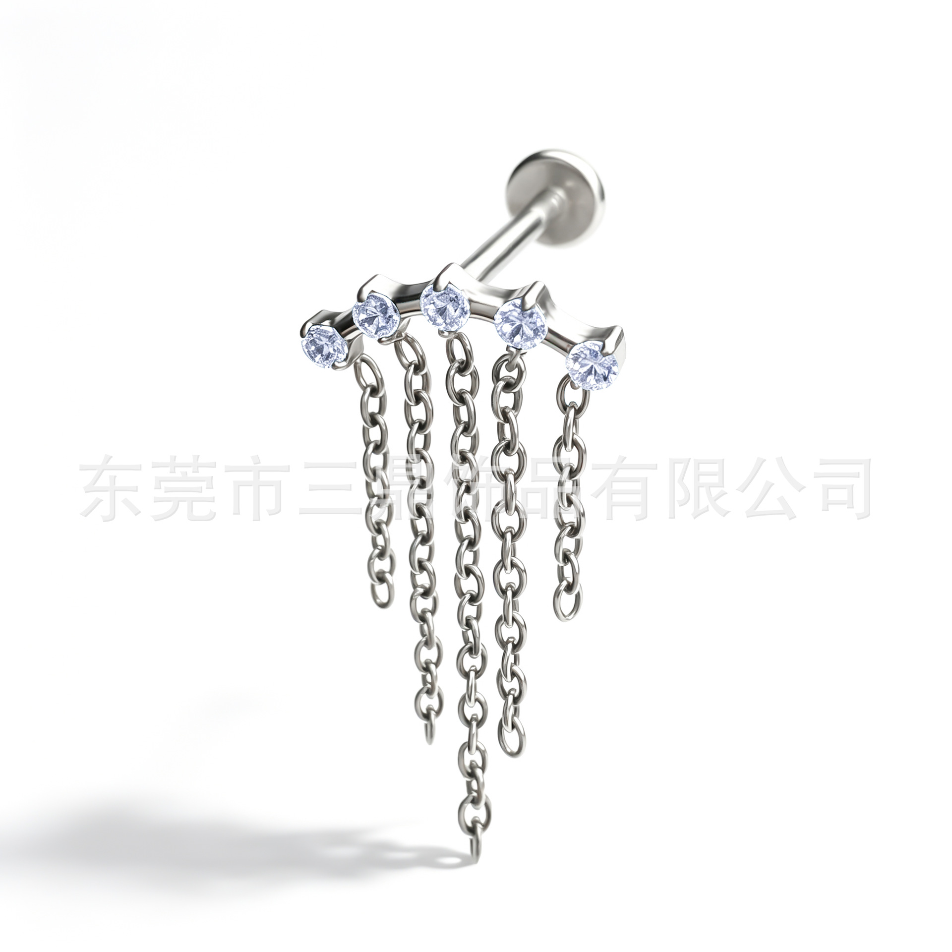 F136 Titanium 链条 Pendant 五连 Cubic Zirconia Ear Stud G23 Implant Grade Titanium Piercing Jewelry Helix Cartilage Stud Ear 蜗钉