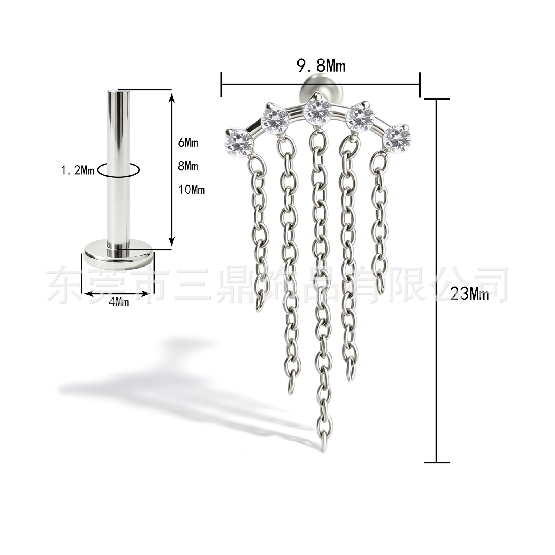 F136 Titanium 链条 Pendant 五连 Cubic Zirconia Ear Stud G23 Implant Grade Titanium Piercing Jewelry Helix Cartilage Stud Ear 蜗钉