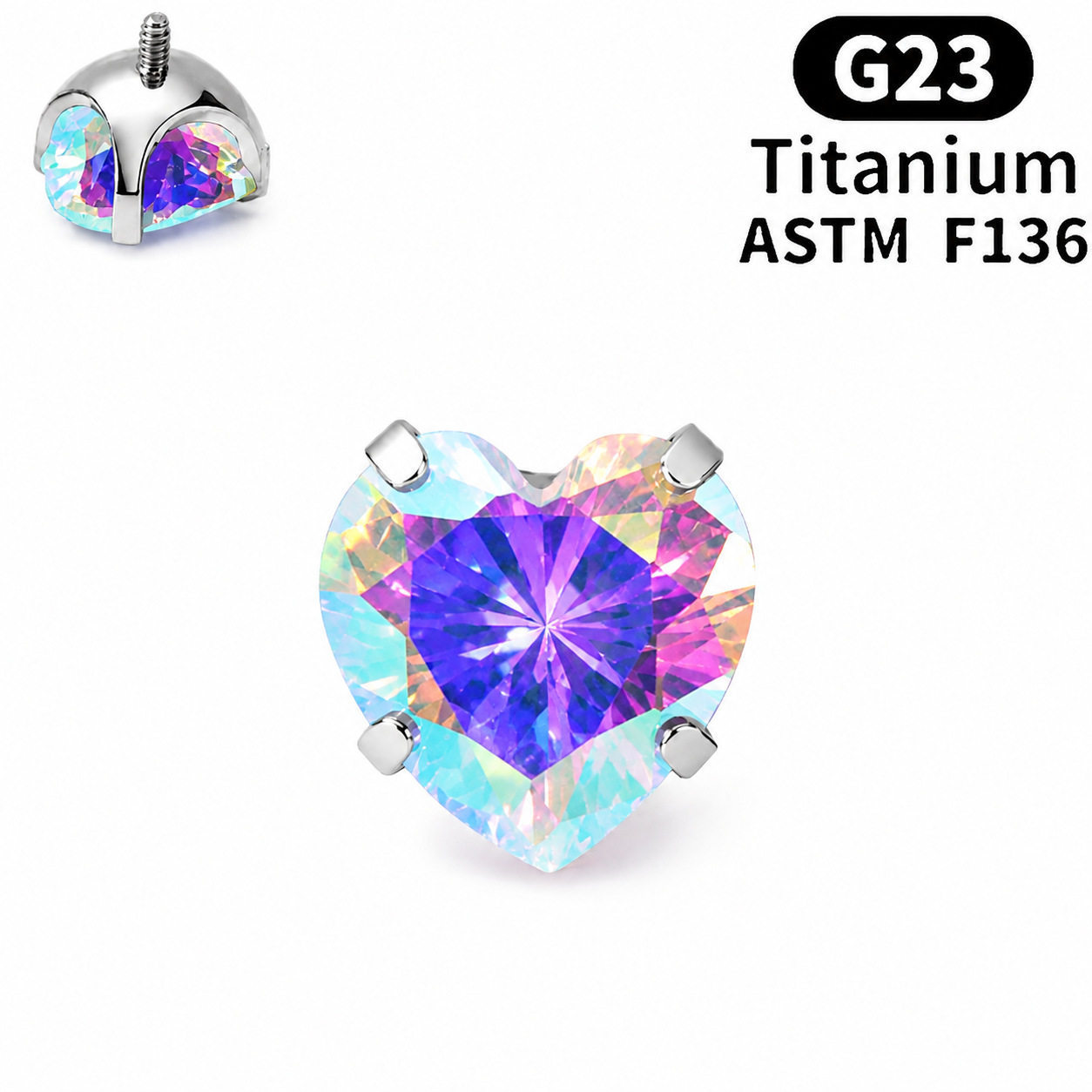F136 Implant Grade Titanium Alloy 养 Ear 洞 Ear Stud Helix Cartilage Stud Ear 蜗钉超闪 Heart Cubic Zirconia Internal Thread Jewelry 头