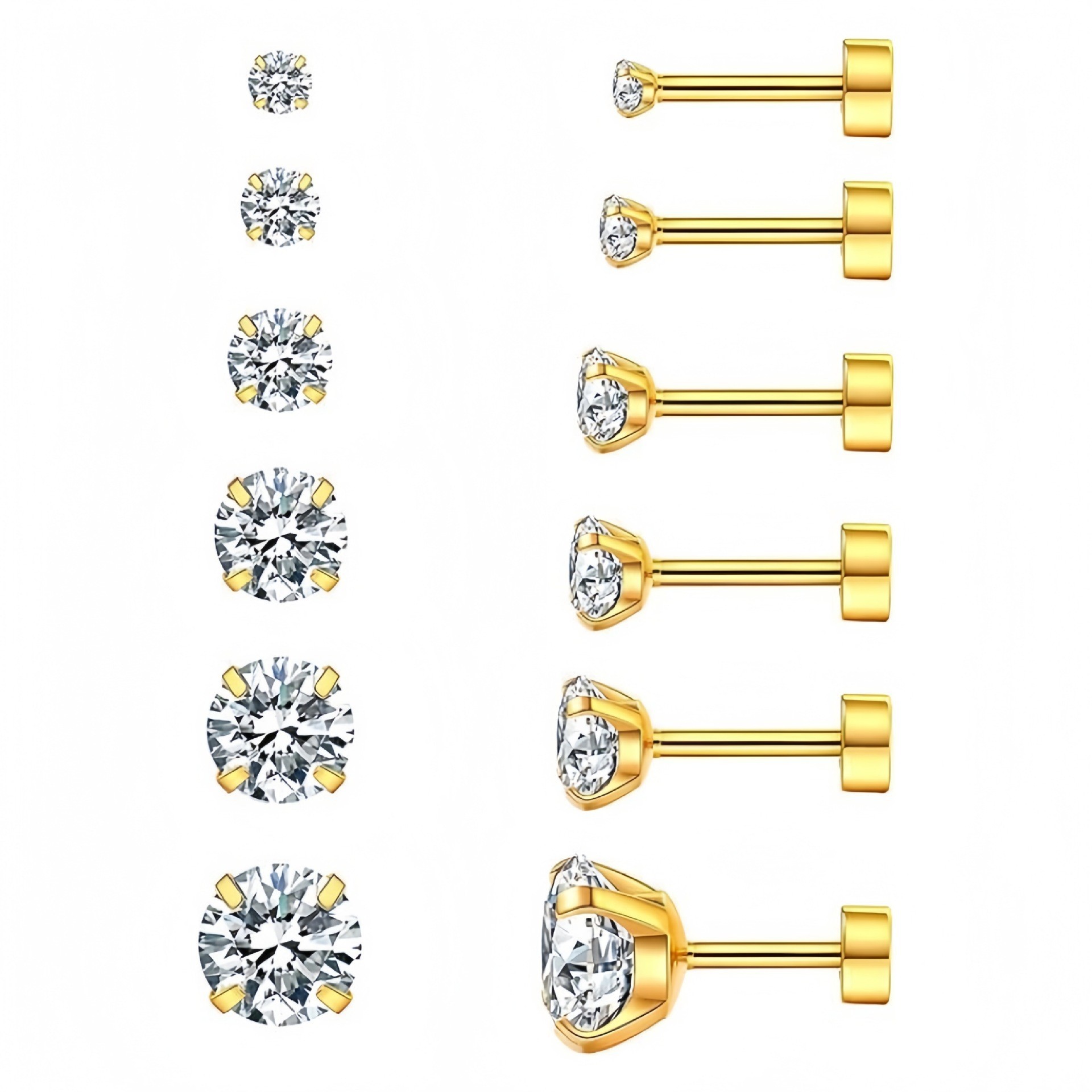 316L Surgical Steel Flat Back Cubic Zirconia Ear Stud 圆饼 Helix Cartilage Stud Ear 蜗钉 Set External Thread