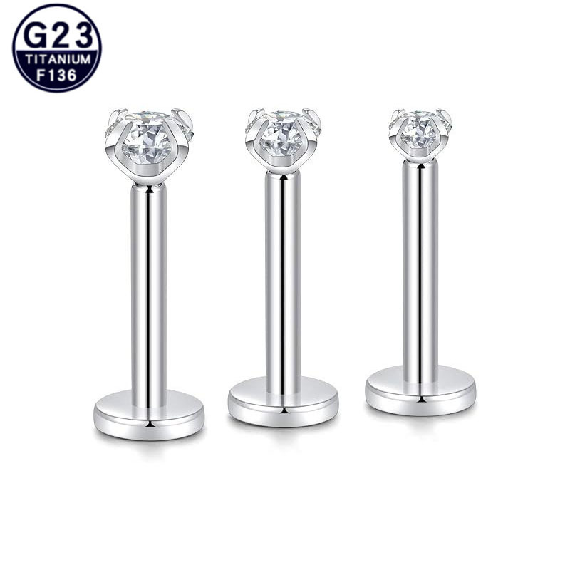 G23 Titanium Four Prong Studded Cubic Zirconia 内牙 Labret Stud F136 Titanium Alloy Ear Stud Helix Cartilage Stud Piercing Jewelry Studded Diamond