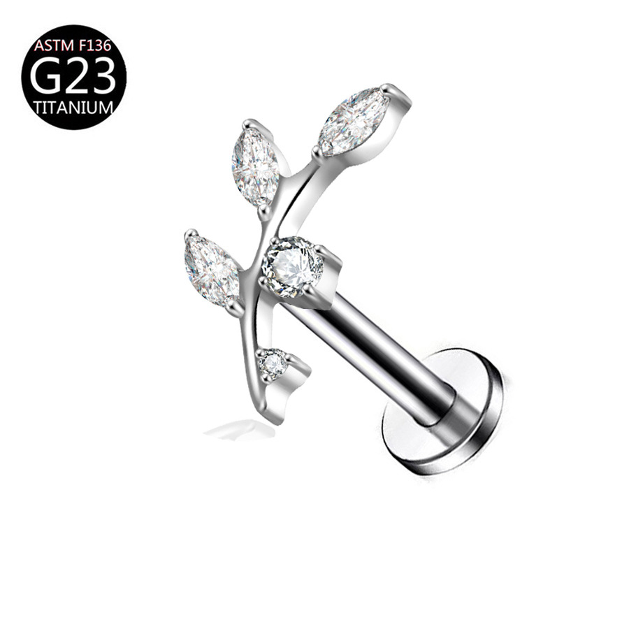 厂家 G23 Titanium 穿孔 Labret Stud Ear Stud Brass Studded Cubic Zirconia 链条叶子F136 Titanium Alloy Ear Stud