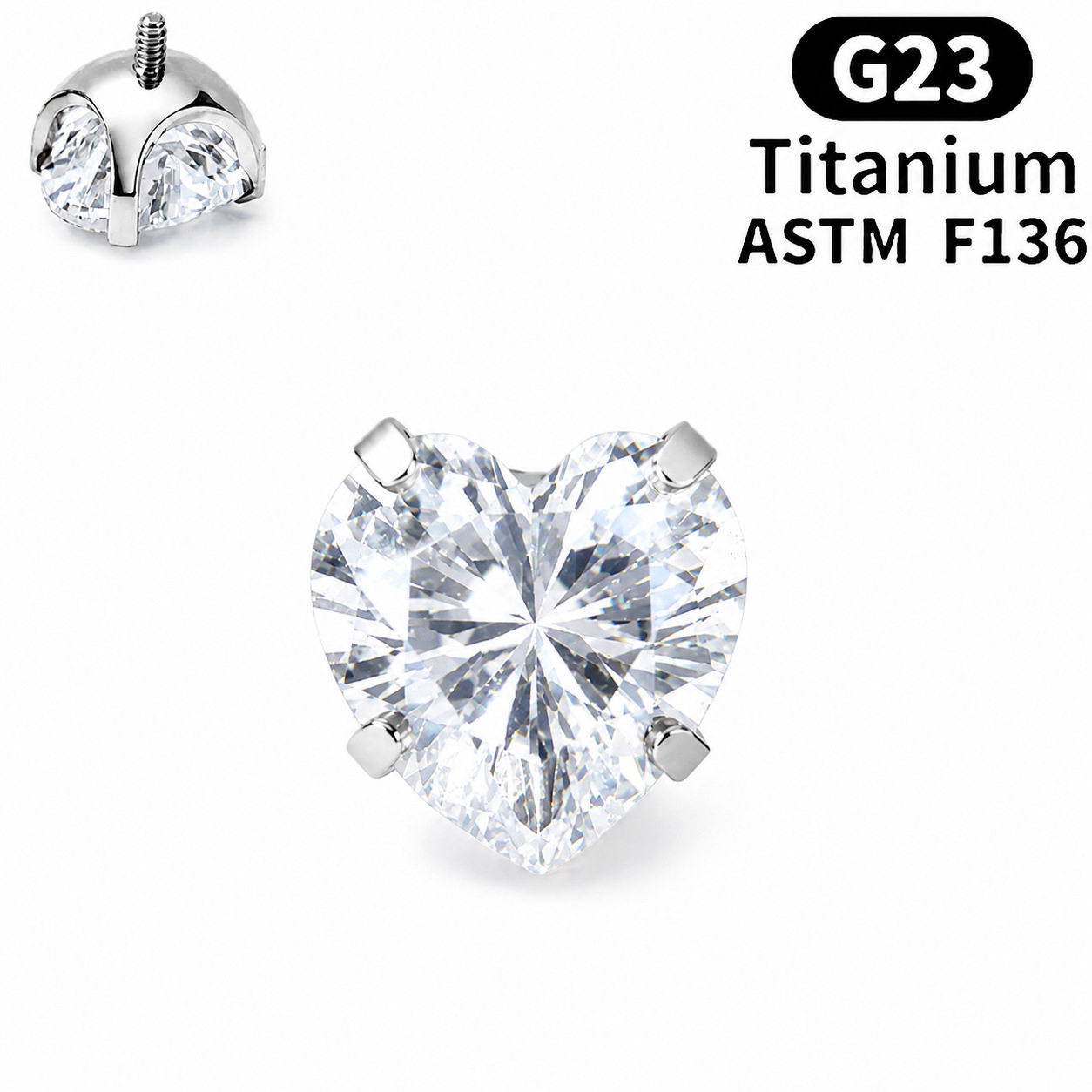 F136 Implant Grade Titanium Alloy 养 Ear 洞 Ear Stud Helix Cartilage Stud Ear 蜗钉超闪 Heart Cubic Zirconia Internal Thread Jewelry 头