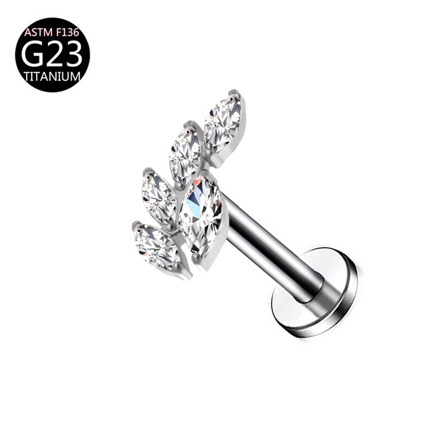 厂家 G23 Titanium 穿孔 Labret Stud Ear Stud Brass Studded Cubic Zirconia 链条叶子F136 Titanium Alloy Ear Stud