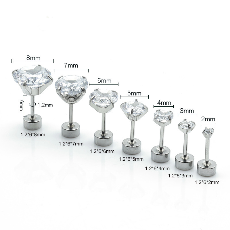 316L Surgical Steel Flat Back Cubic Zirconia Ear Stud 圆饼 Helix Cartilage Stud Ear 蜗钉 Set External Thread