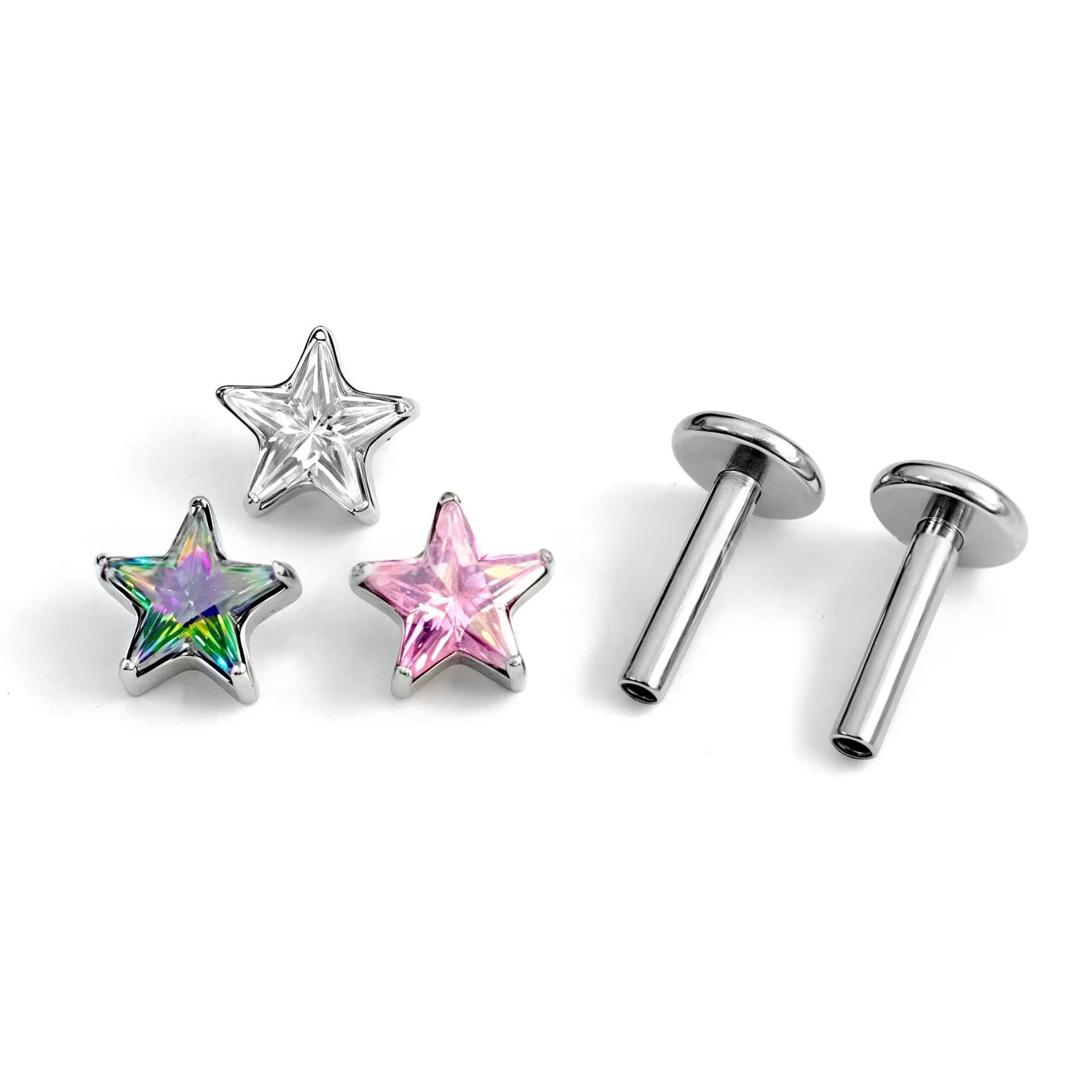 Titanium Alloy 五角 Star 超闪 Cubic Zirconia Labret Stud Internal Thread Ear Stud Helix Cartilage Stud 人体 Piercing Jewelry 头