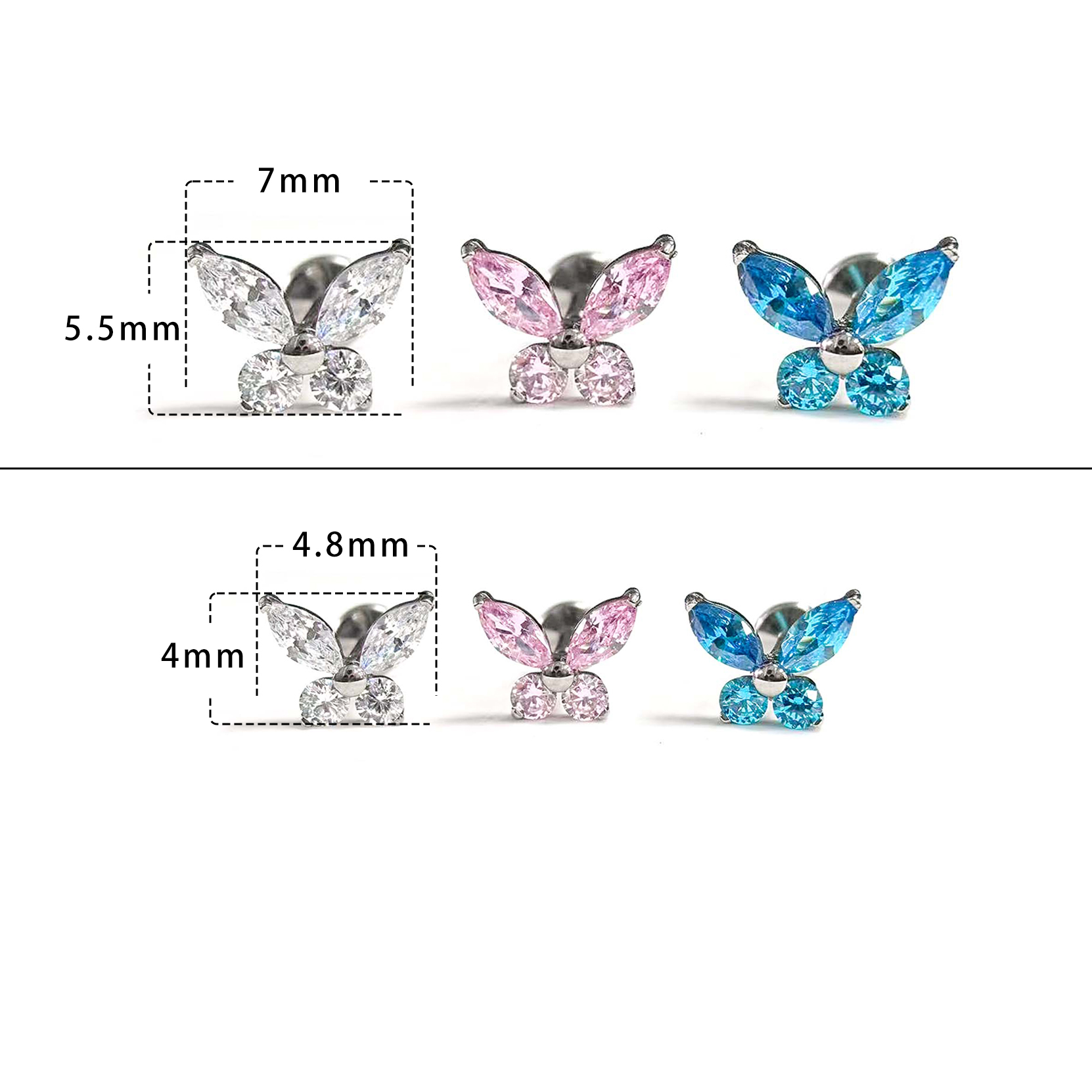 F136 Titanium 4-Stone Butterfly Ear Stud Helix Cartilage Piercing